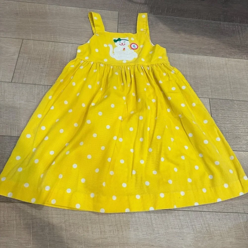 KELLY'S KIDS YELLOW WHITE KITTEN KITTY JUMPER DRESS VINTAGE SIZE 5 GIRLS